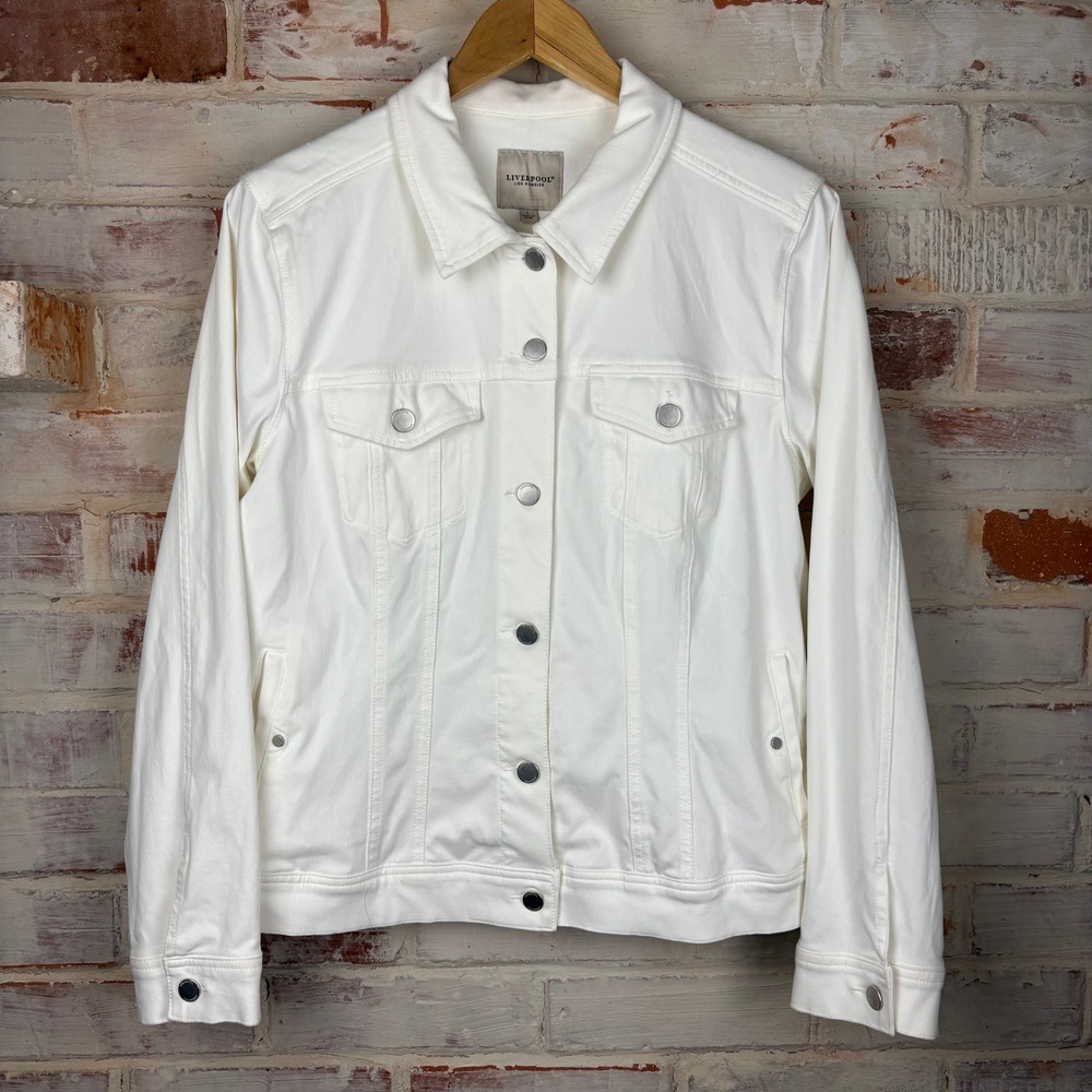 Liverpool Los Angeles White Stretch Denim Trucker Jacket Sz L Coastal Minimalist